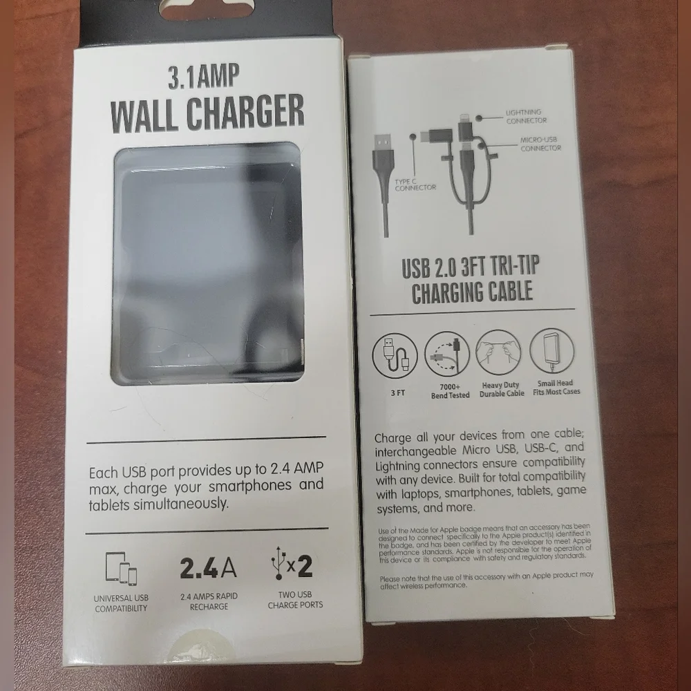 Dual USB Wall Charger & Usb 2.0 3 Ft Tri-tip Charging Cable NIB